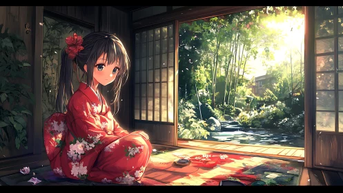 Girl in red kimono watching sunlit Japanese garden