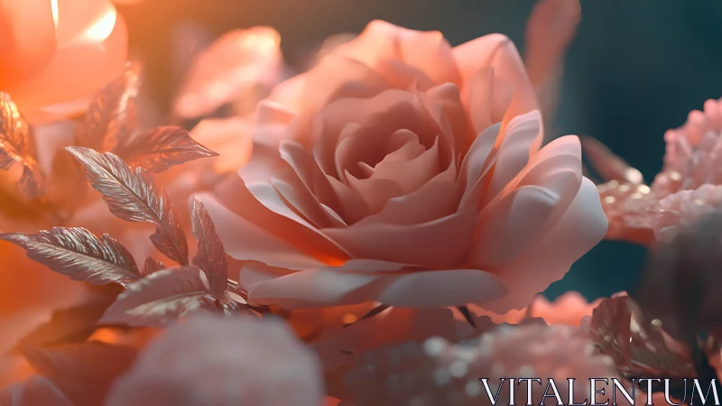 Peach roses blushing under amber twilight glow