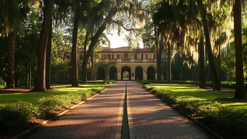 Sunlit brick promenade toward a moss-draped manor hushes daydreams.