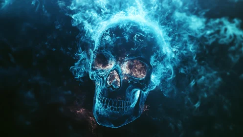 Volumetric blue plasma skull rendered with emissive flame simulation