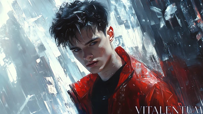 Brooding youth in red jacket amid fractured neon strokes.