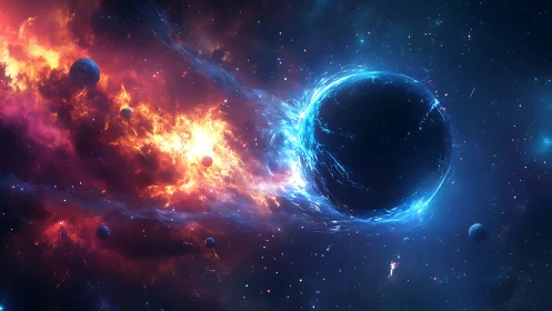 Celestial collision of blue world and blazing nebulae.