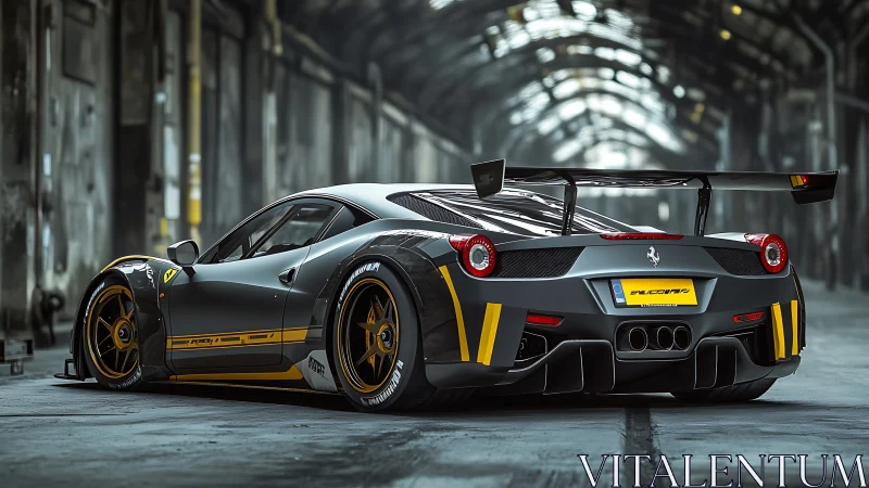 Race-tuned Ferrari sports car in abandoned industrial hangar.