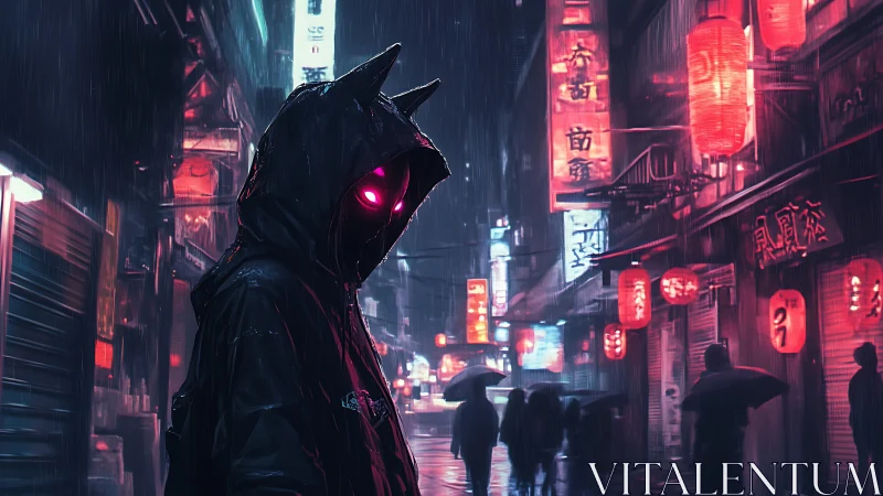 Neon-eyed mystery walks calmly through a rainy night street