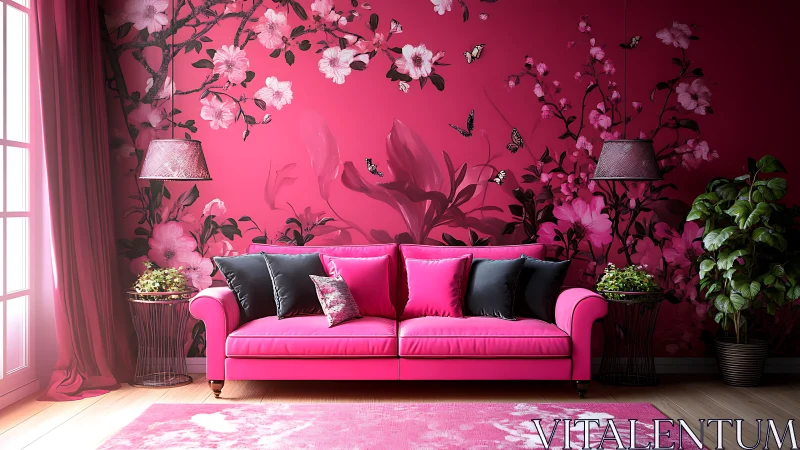 Maximalist pink floral living room with bold focal sofa.