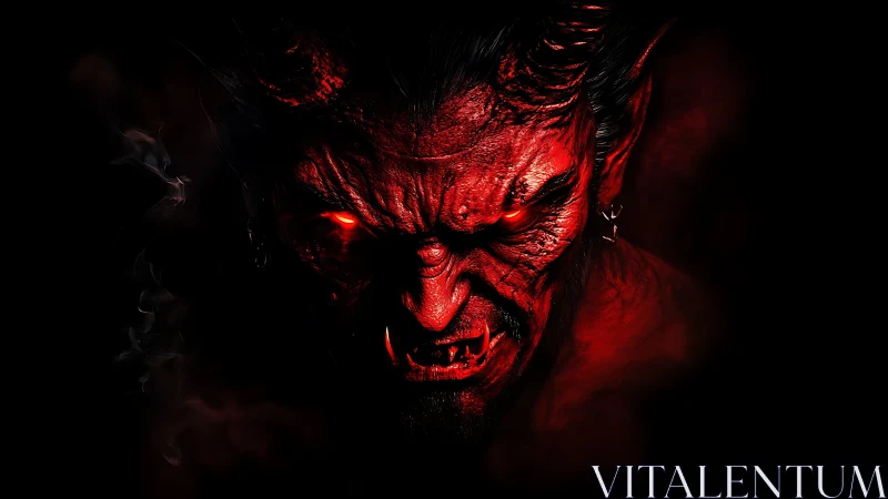 Red horned demonic figure is rendered in high contrast lighting