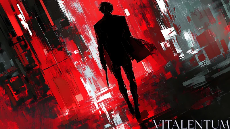 Lone noir wanderer stride through fractured crimson city.
