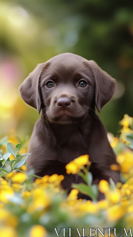 Brown puppy sits among yellow flowers in shallow focus