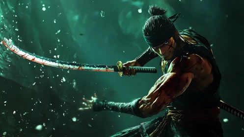 Samurai swordsman with bloodstained katana in motion stance.