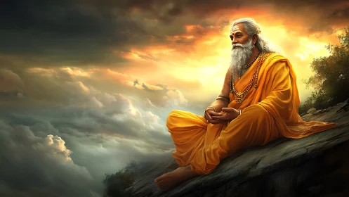 Serene orange-robed sage meditating above glowing clouds.