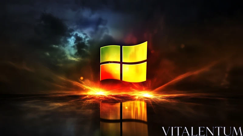 Glowing Windows logo hovers over fiery digital horizon.