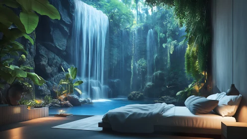 Waterfall sanctuary bedroom with lush biophilic design.