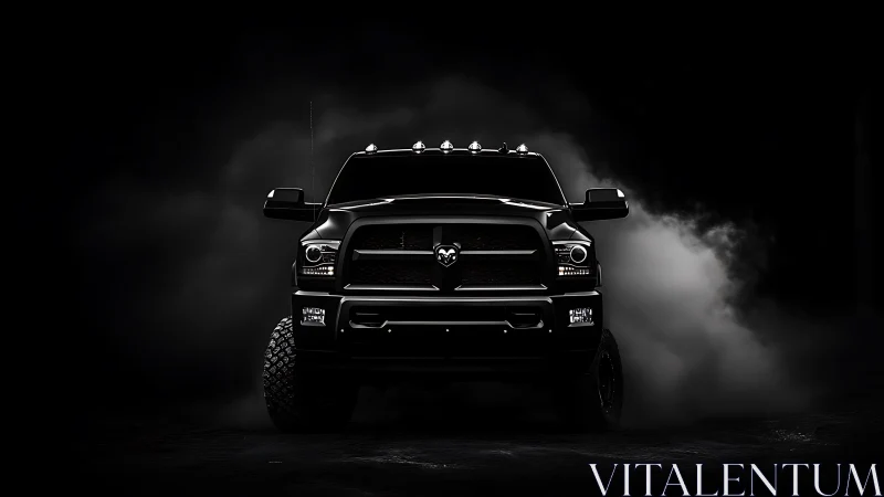 Front-facing black pickup truck in low-key studio lighting.