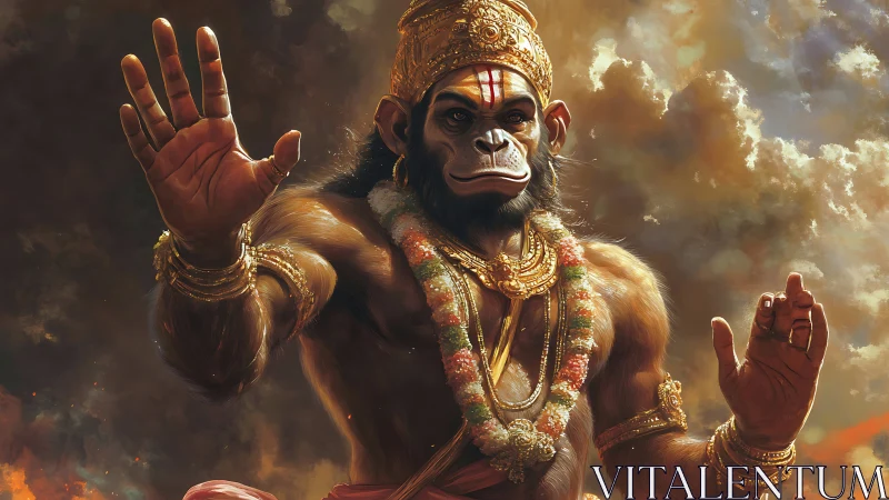 Divine monkey warrior raises blessing hand before storm sky