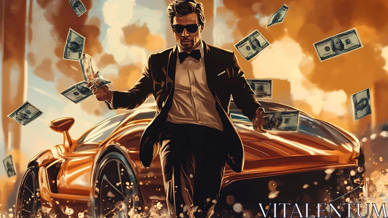 Stylish man in suit walking from sports car with cash.