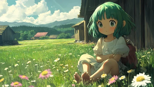 Rural anime girl in luminous meadow with volumetric lighting.