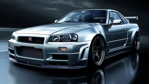 Silver tuner coupe rendered in dynamic low-angle digital lighting