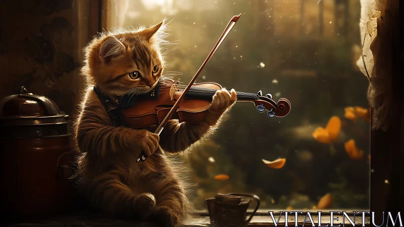 Kitten plays violin by window in warm autumn backlight