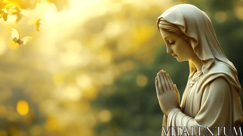 Serene statue of praying woman with butterfly nearby.