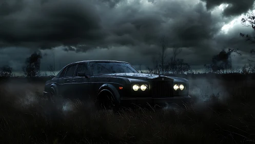 Ghostly luxury sedan idles under storm-thick midnight sky.