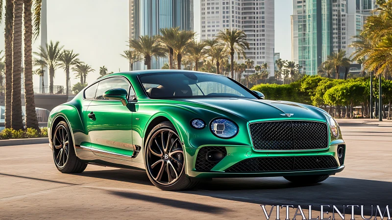 Emerald luxury coupe gliding through a palm-lined city street.