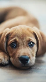 Gentle brown puppy resting with soulful, reflective eyes.