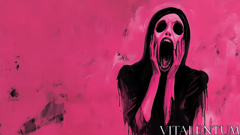 Figure in black robe stands against uniform pink background