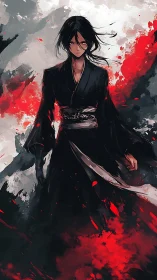 Dark-robed warrior amid crimson storm of abstract fury.