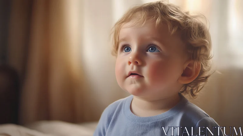 Toddler with curly blonde hair looking upward pensively
