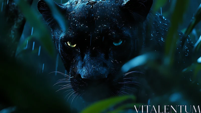 Midnight Prowler's Luminous Gaze Through Monsoon Mist.