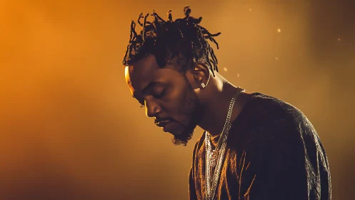Portrait of thoughtful man under golden studio light.