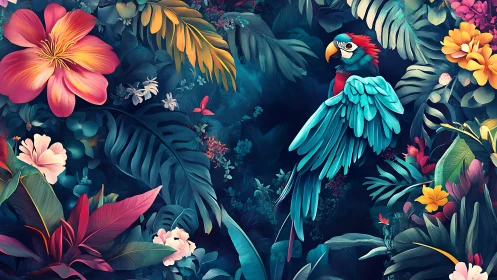Tropical macaw rendered in saturated neon jungle foliage.