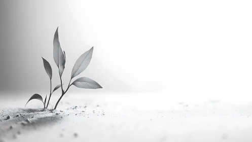 Single young plant with leaves growing in bright white space.