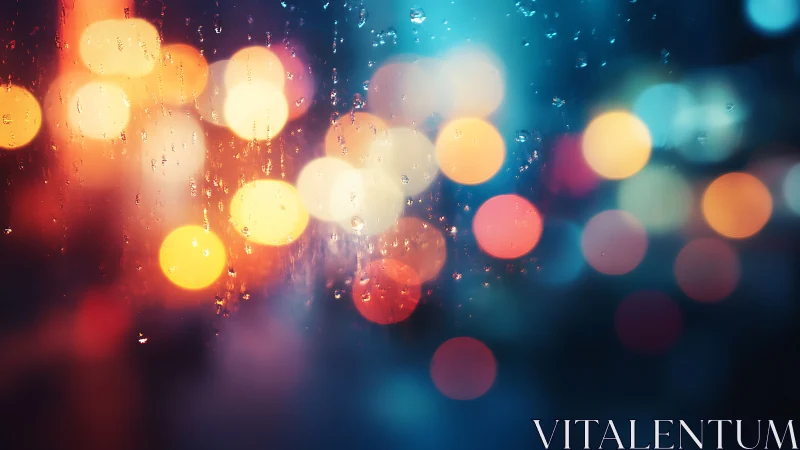 Raindrops on glass with defocused multicolored city lights.