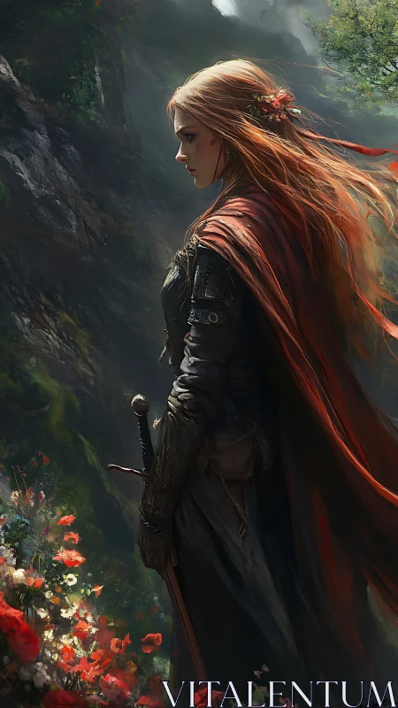 Scarlet cloaked warrior pauses in a stormlit wildflower pass.