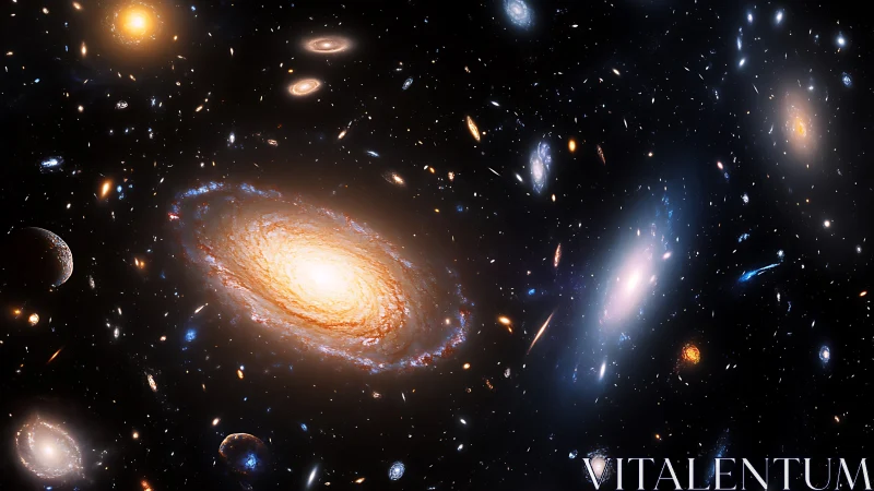 Spiral and elliptical galaxies distributed across deep space.