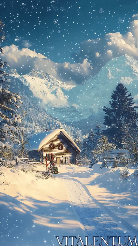 Snowy mountain cabin under falling winter snowflakes.