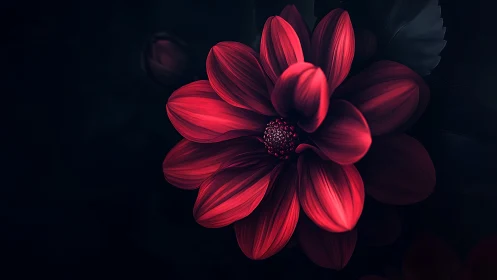 High-contrast red dahlia blossom with volumetric subsurface illumination against dark background.