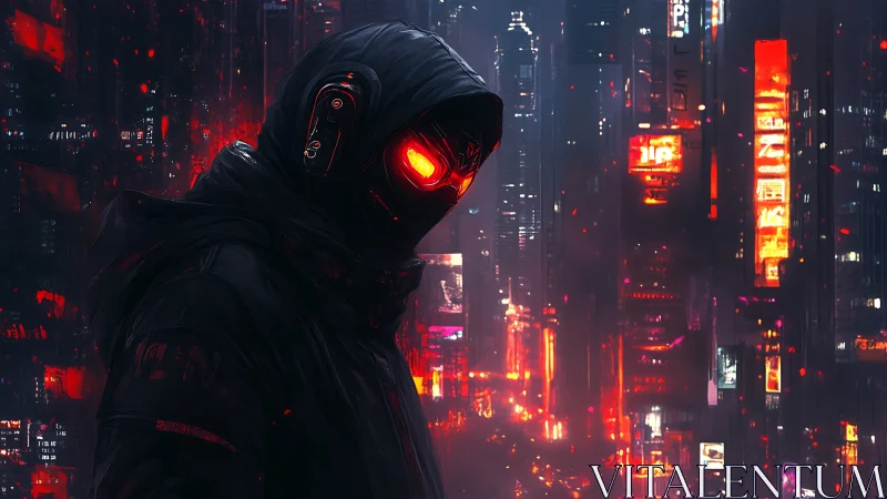 Hooded cybernetic figure surveys neon city at night