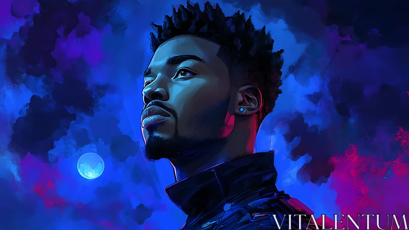 Moonlit dreamer leans into neon clouds and quiet destiny