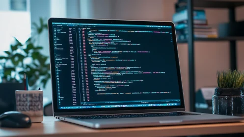 Laptop displaying structured source code in modern workspace.
