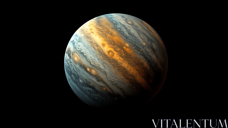 Gas giant planet with swirling orange and blue storm bands