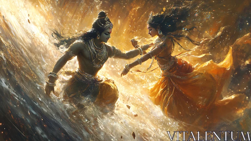 Mythic river deities swirling in radiant golden storm.