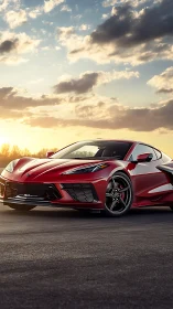 Red mid‑engine sports coupe under warm sunset sky on track