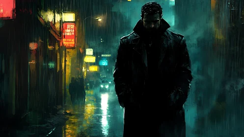 Rain-soaked noir figure walks neon alley under volumetric haze