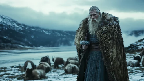 Storm-silent Viking elder watching over winter pasture.