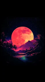 Neon tropical lagoon glows under an enormous crimson moon