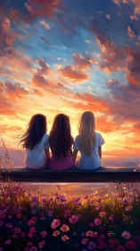 Three girls on bench watching vivid sunset sky together.