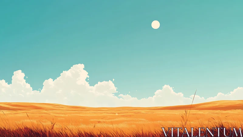 Golden prairie plain under cyan sky with distant white sun.