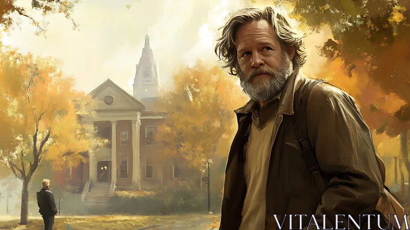 Middle‑aged man stands before campus building in autumn